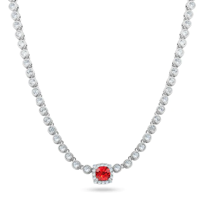 Sterling Silver Rhodium Plated Bubble Tennis CZ Red Center Stone Necklace