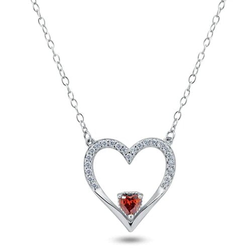 Sterling Silver Rhodium Plated Clear Red CZ Open Heart Necklace