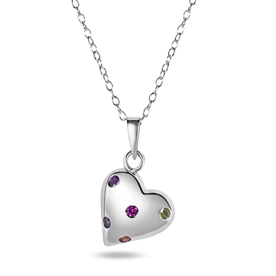 Sterling Silver Rhodium Plated Multi Color CZ Heart Necklace Dimensions-12mmx14mm, Chain Length-16+2
