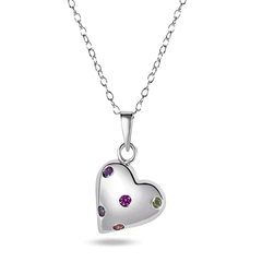 Sterling Silver Rhodium Plated Multi Color CZ Heart Necklace Dimensions-12mmx14mm, Chain Length-16+2