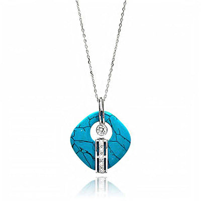 Sterling Silver Necklace with Fancy Turquoise Stone Centered with Round Cut Clear Cz PendantAnd Chain Length of 16 -18 And Pendant Dimensions: 33MMx26MM