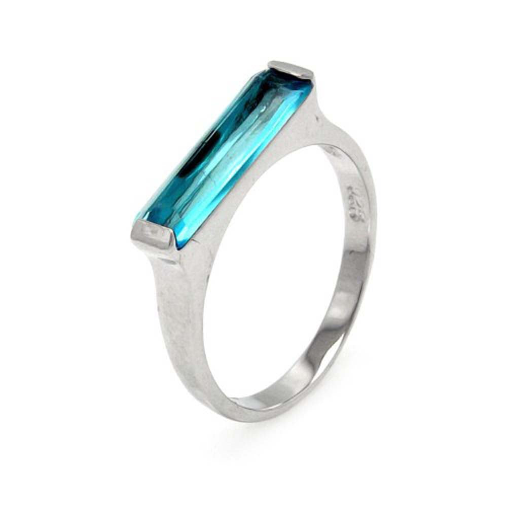 Sterling Silver Long Blue Cz Bar Design Ring with Stone Size of 4.1MMx16.4MM