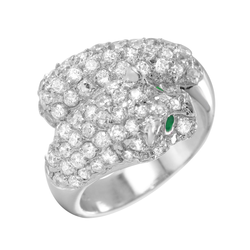 Sterling Silver Rhodium Plated Green and Clear Pave Set CZ Jaguar Ring