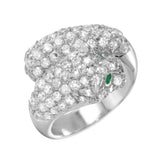 Sterling Silver Rhodium Plated Green and Clear Pave Set CZ Jaguar Ring