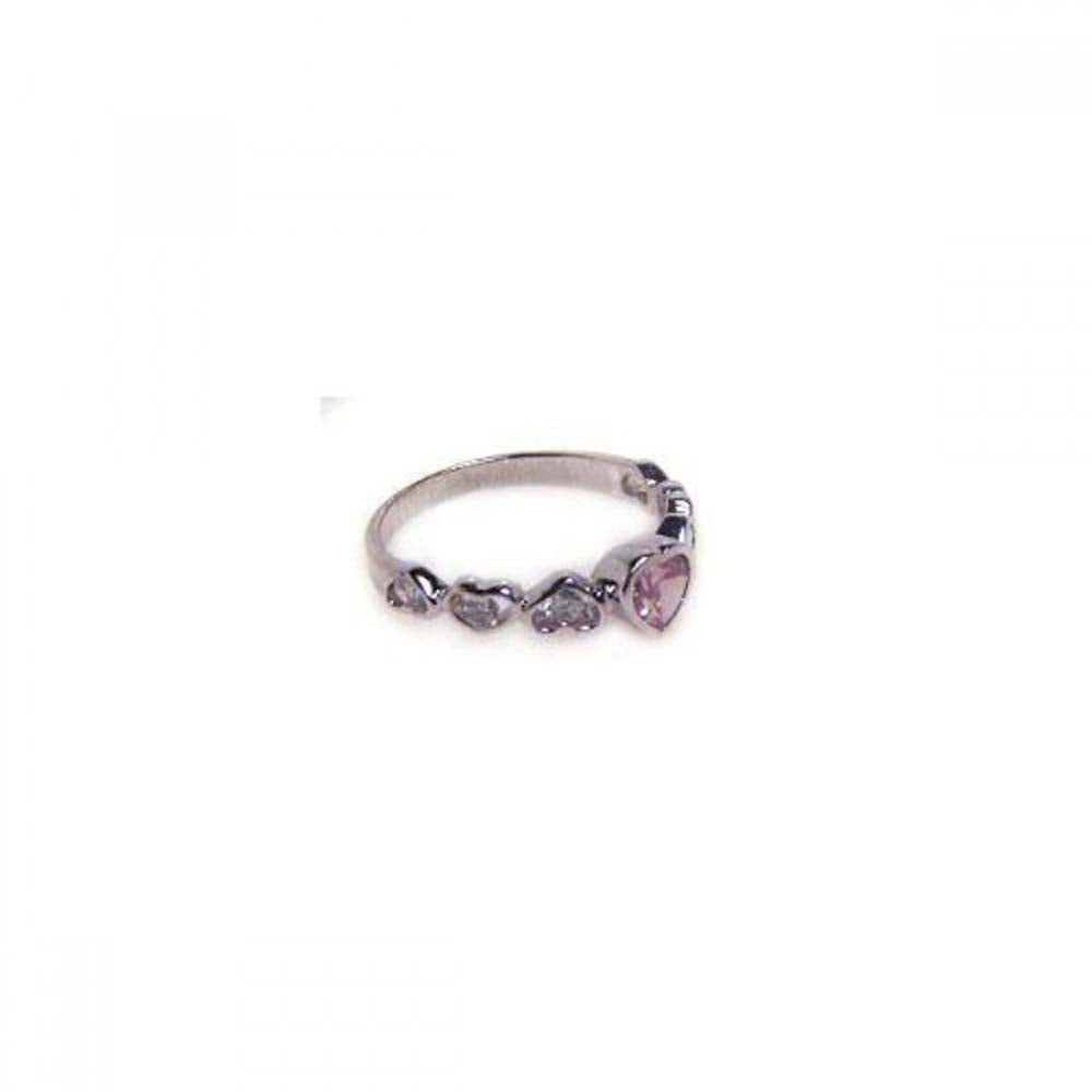 Sterling Silver Trendy Multi Clear Czs and Centered Pink Cz Hearts Design Ring