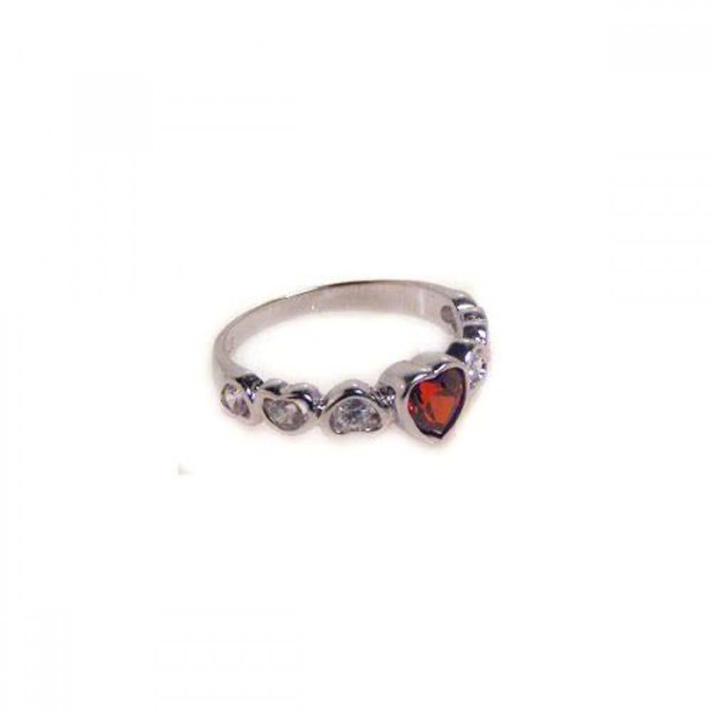 Sterling Silver Trendy Multi Clear Czs and Centered Red Cz Hearts Design Ring