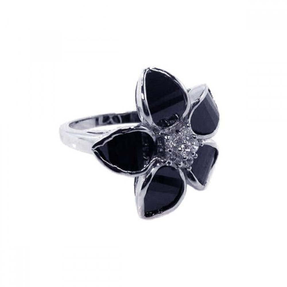 Sterling Silver Fancy Black Enamel Flower Design with Centered Clear Czs Ring