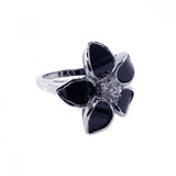 Sterling Silver Fancy Black Enamel Flower Design with Centered Clear Czs Ring