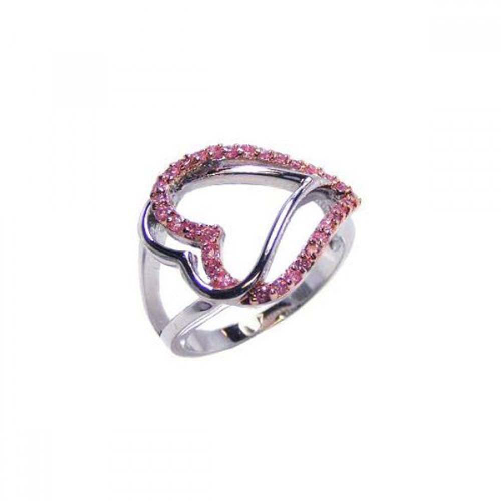 Sterling Silver Fancy Sideways Two Open Hearts Inlaid with Pink Czs Split Shank Ring