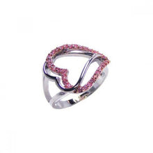 Load image into Gallery viewer, Sterling Silver Fancy Sideways Two Open Hearts Inlaid with Pink Czs Split Shank Ring