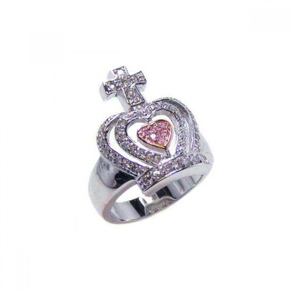 Sterling Silver Royal Crown with Cross Inlaid with Clear Czs and Centered Paved Pink Cz Heart Design Ring