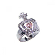 Load image into Gallery viewer, Sterling Silver Royal Crown with Cross Inlaid with Clear Czs and Centered Paved Pink Cz Heart Design Ring