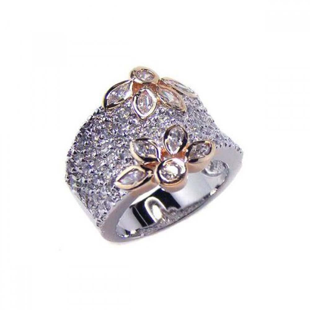 Sterling Silver Micro Paved Wide Band Ring with Gold Plated Flowers DesignAnd Band Width of 18.2MM