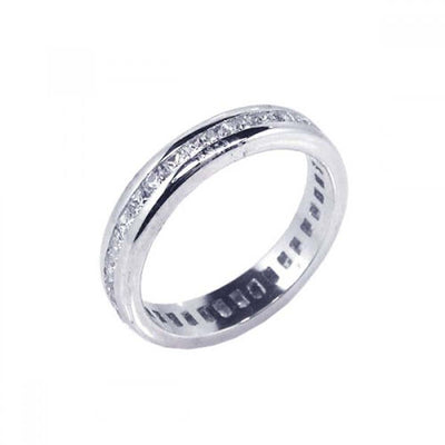 Sterling Silver Rhodium Plated Channel Set Clear Square CZ Eternity RingAnd Width 5mmAnd Dimensions 1mmx1mm