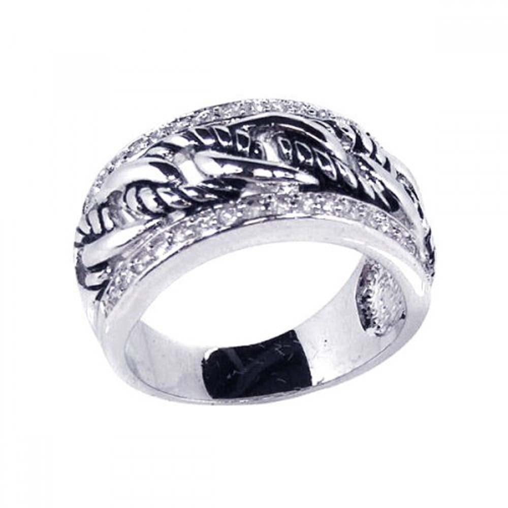 Sterling Silver Rope Link Design Inlaid with Clear Czs Ring