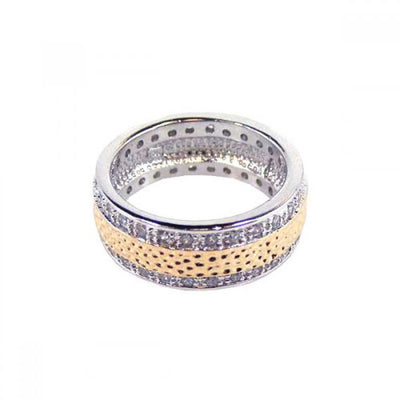 Sterling Silver Two-Toned Fancy Band Ring Inlaid with Clear Czs