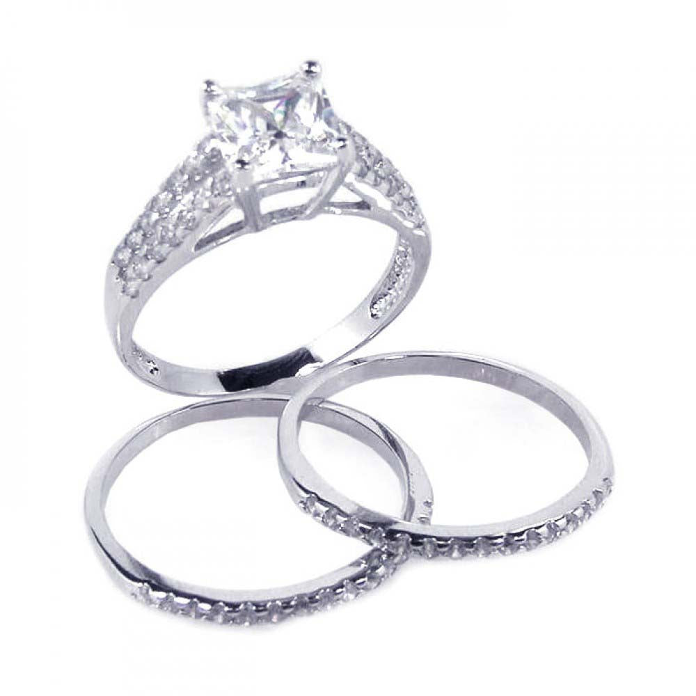 Sterling Silver Rhodium Plated Clear Princess Cut Pave Set CZ Bridal Ring Set