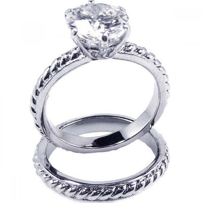 Sterling Silver Rhodium Plated Clear Solitaire CZ Rope Bridal Ring Set
