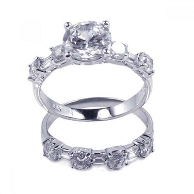 Sterling Silver Rhodium Plated Clear Round Center CZ Bridal Ring Set