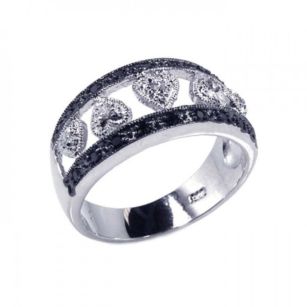 Sterling Silver Fancy Band Ring Inlaid with Black Czs and Centered Multi Paved Heart Design