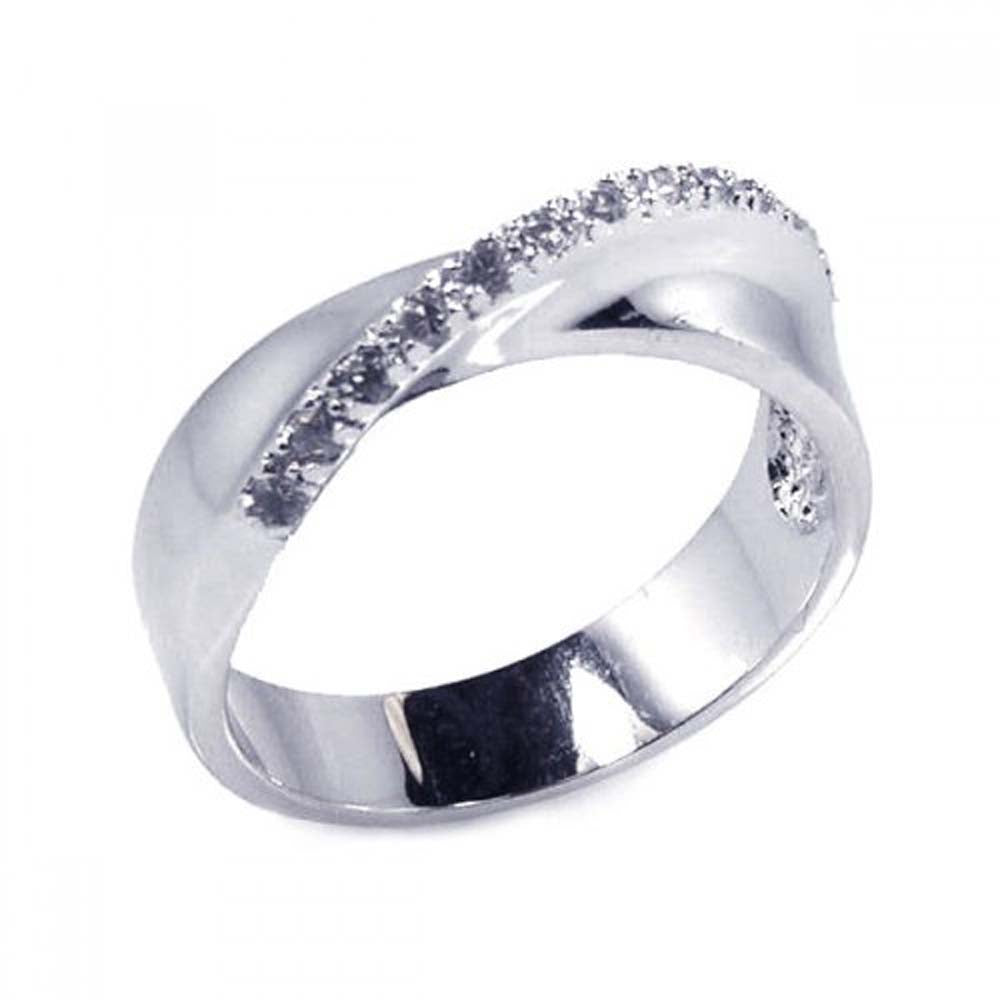 Sterling Silver Solid Criss Cross Design Inlaid with Clear Czs Ring