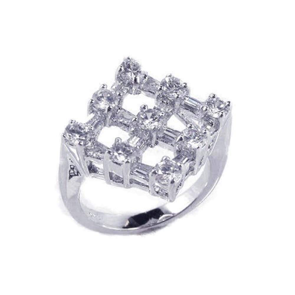 Sterling Silver Fancy Square Net Design Set with Baguette and Round Cut Clear Czs Ring