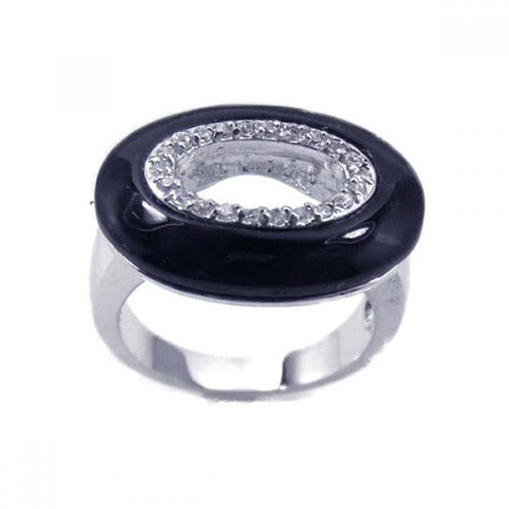 Sterling Silver Black Onyx Doughnut Shaped Design Inlaid with Clear Czs Ring