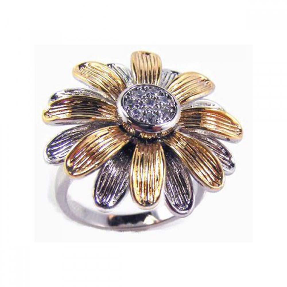 Sterling Silver Two-Toned Daisy Flower Design with Centered Clear Czs Fashionable Ring