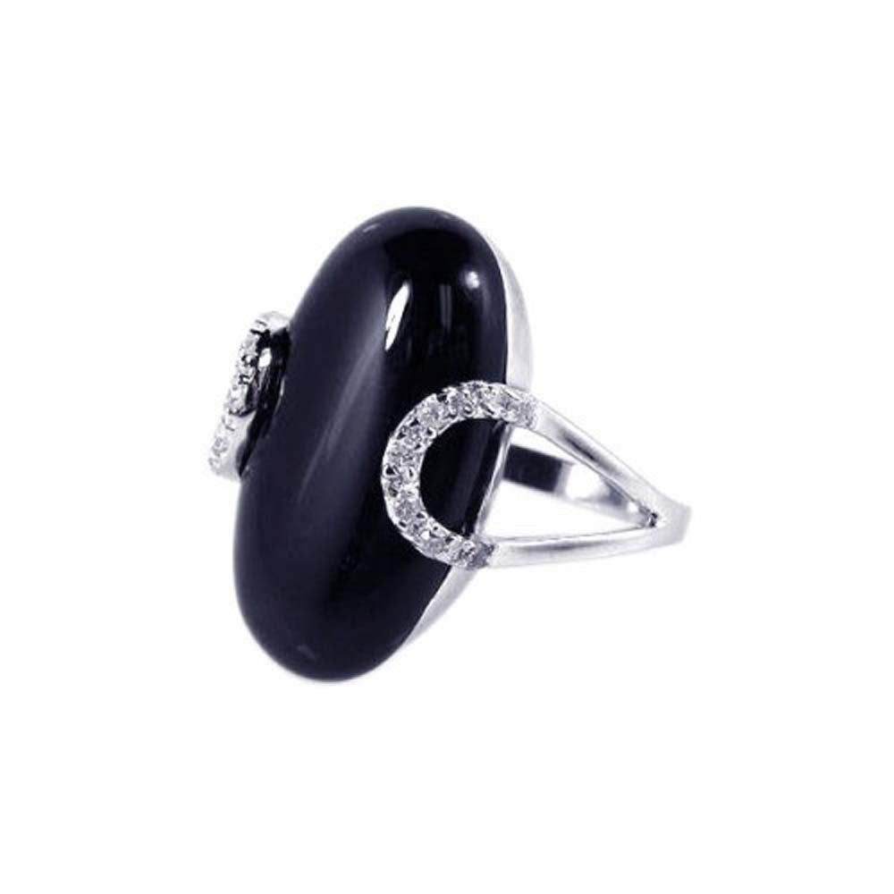 Sterling Silver Oval Cut Black Onyx Stone Fancy Band Ring Inlaid with Clear Czs