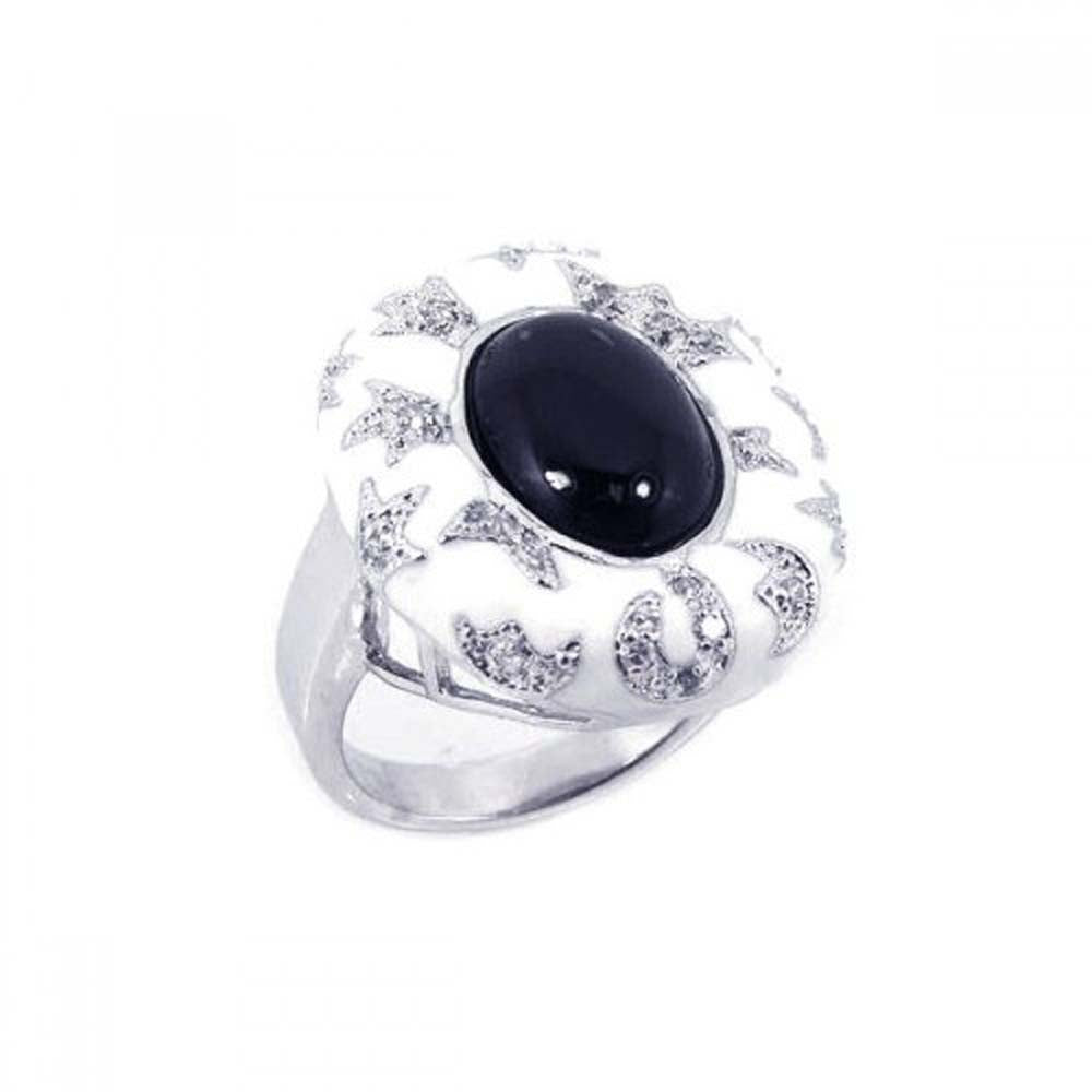 Sterling Silver White Enamel with Paved Moon and Star Design with Centered Oval Cut Black Onyx Stone Ring