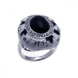 Sterling Silver White Enamel with Black Star Design and Centered Oval Cut Black Onyx Stone Inlaid with Clear Czs Ring