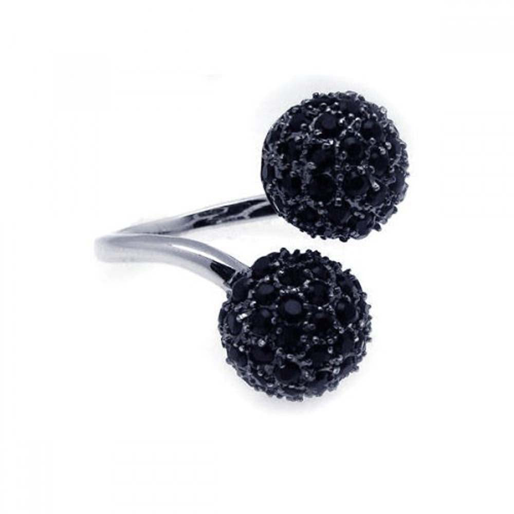 Sterling Silver Fancy Double Paved Black Czs Ball Design Adjustable Ring
