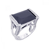 Sterling Silver Elegant Square Band Ring Inlaid with Clear Czs and Centered Rectangular Black Onyx Stone