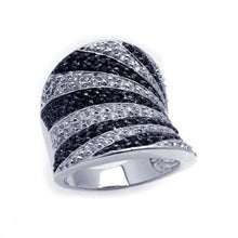 Load image into Gallery viewer, Sterling Silver Two-Toned Cigar Band Ring with Micro Paved Black and Clear Czs Stripe Design