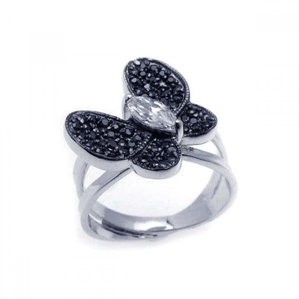 Sterling Silver Two-Toned Butterfly Design Inlaid with Black Czs and Centered Marquise Cut Clear Cz Double Band Ring