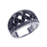 Sterling Silver Two-Toned Fancy Domed Band Ring Inlaid with Clear Czs and Multi Paved Black Czs Criss-Cross Pattern Design