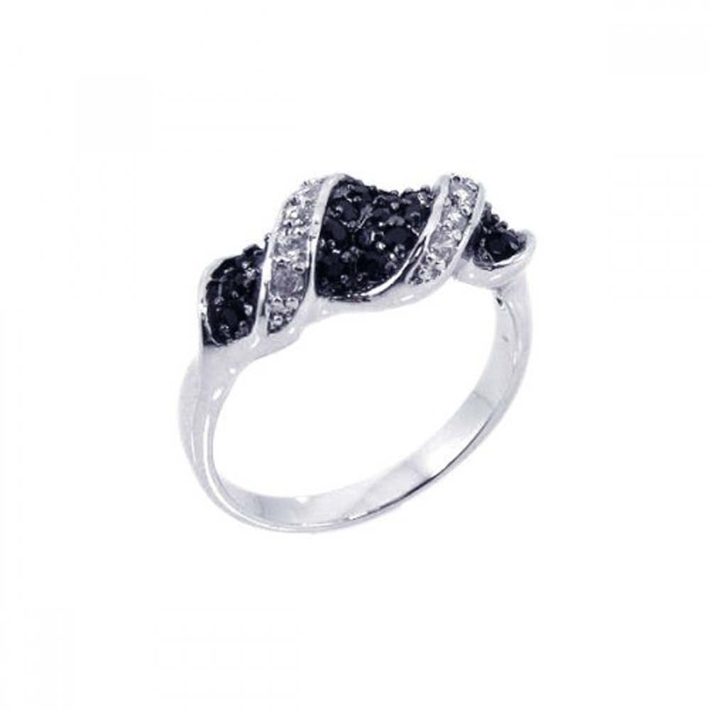 Sterling Silver Fancy Twisted Design Inlaid with Micro Paved Black and Clear Czs Ring