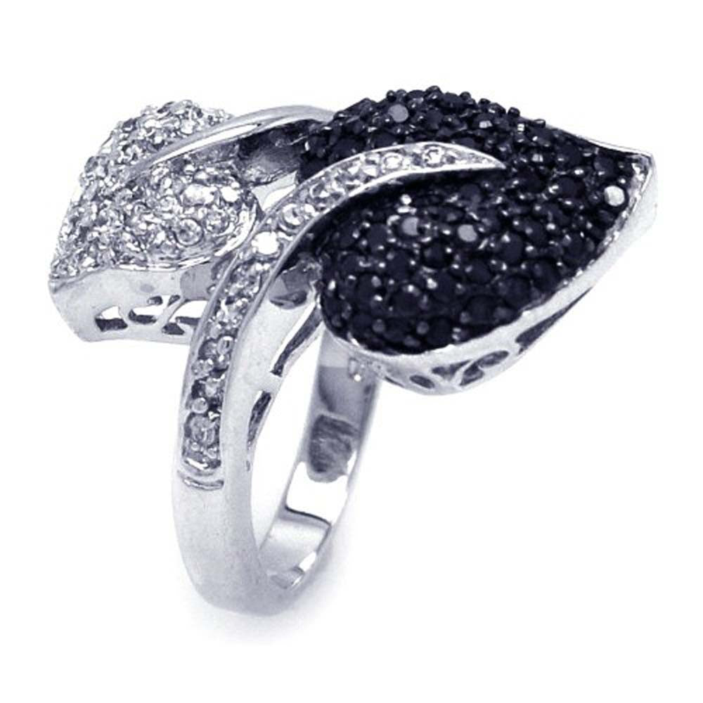 Sterling Silver Two-Toned Classy Double Leaf Design Inlaid with Micro Paved Black and Clear Czs Ring