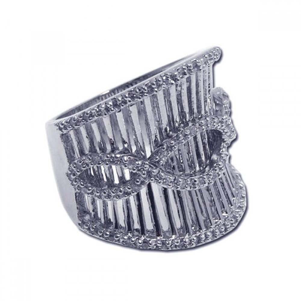 Sterling Silver Elegant Ornate Cigar Band Ring with Criss-Cross Pattern Design Inlaid with Clear Czs