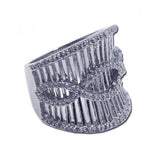 Sterling Silver Elegant Ornate Cigar Band Ring with Criss-Cross Pattern Design Inlaid with Clear Czs