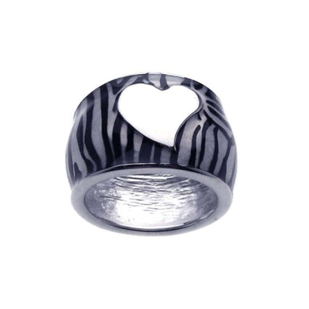 Sterling Silver Zebra Print with Centered Heart Design Fashionable Wide Band Ring