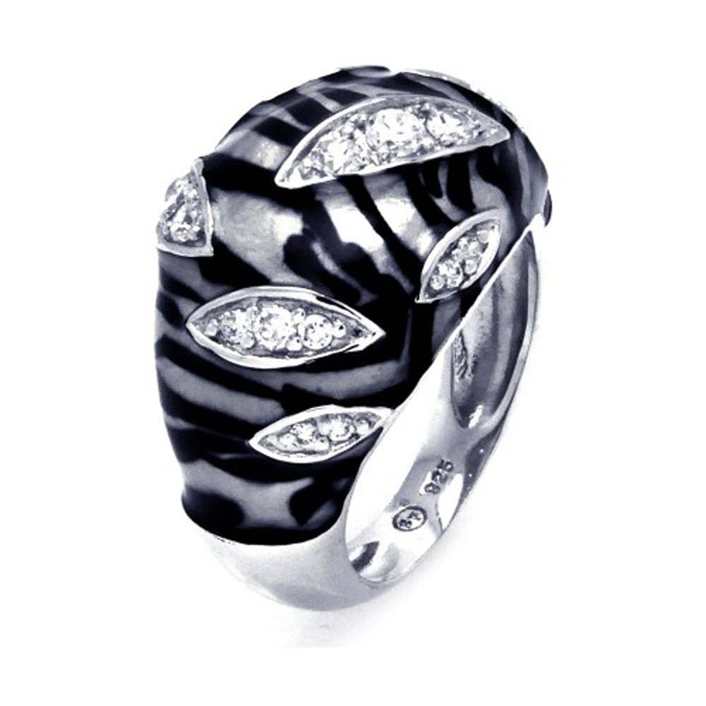 Sterling Silver Zebra Print Design Inlaid with Clear Czs Fashionable Domed Band Ring