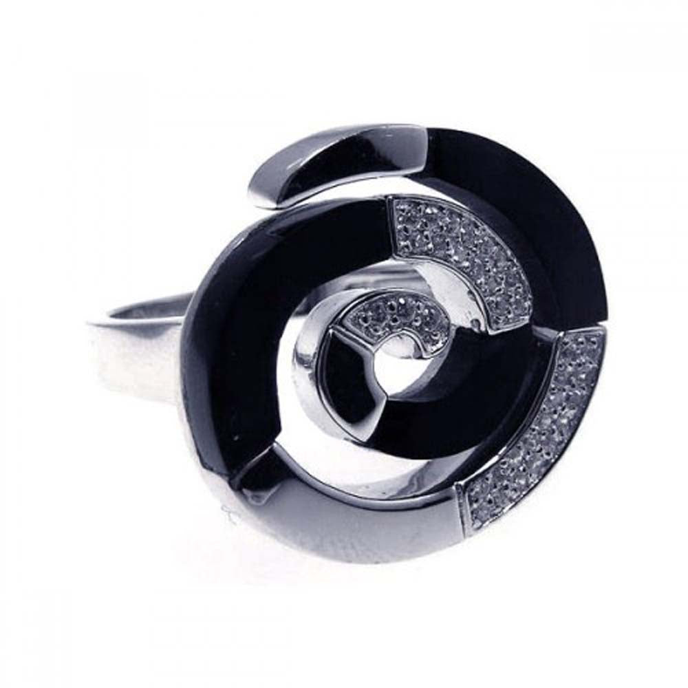 Sterling Silver Spiral Design with Black Onyx and Clear Czs Ring