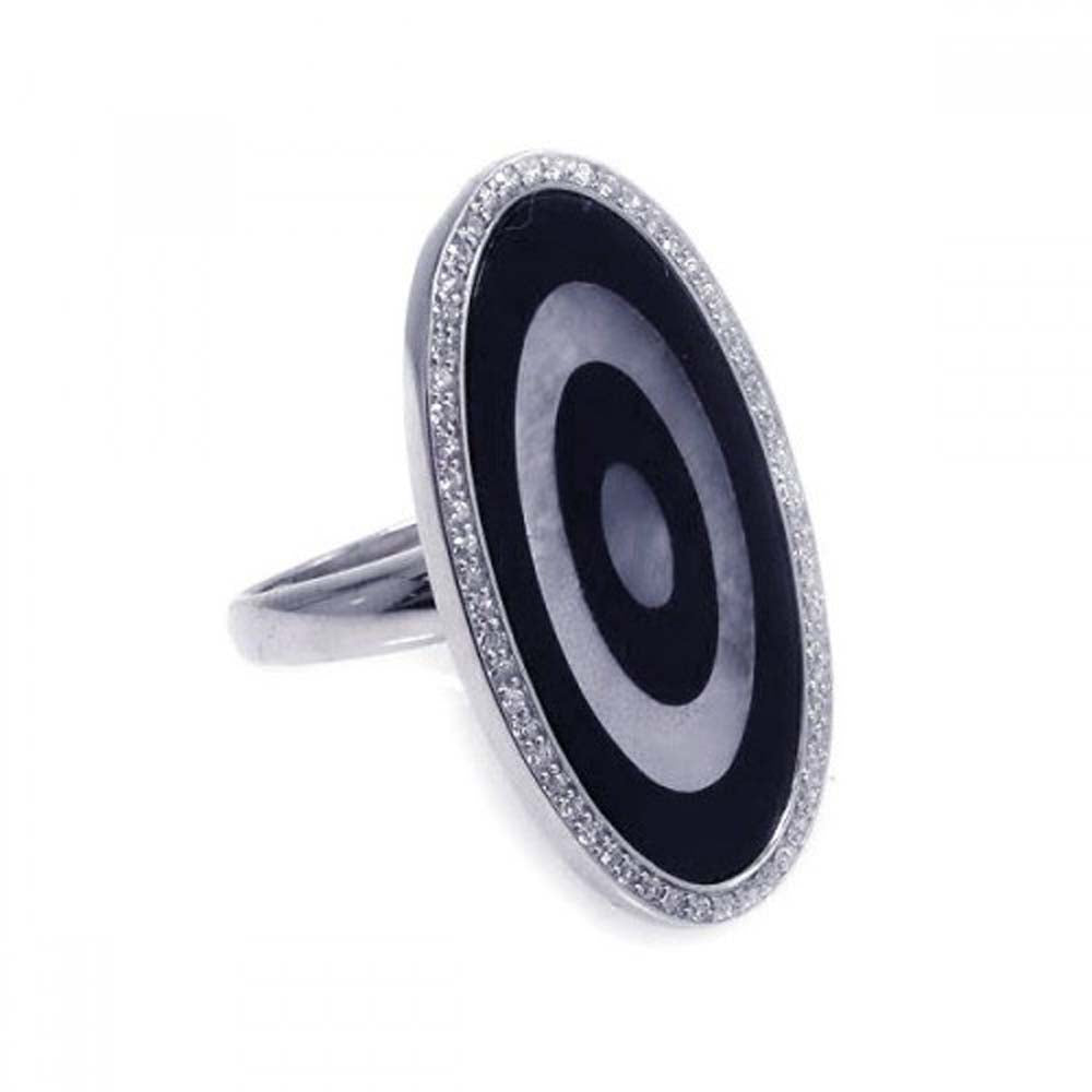 Sterling Silver White and Black Enamel Oval Target Design Inlaid with Clear Czs Ring