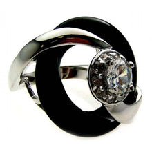 Load image into Gallery viewer, Sterling Silver Two-Toned Fashionable Ring with Open Circle Black Onyx Design and Centered Clear CzAnd Ring Dimensions of 27MMx22MM