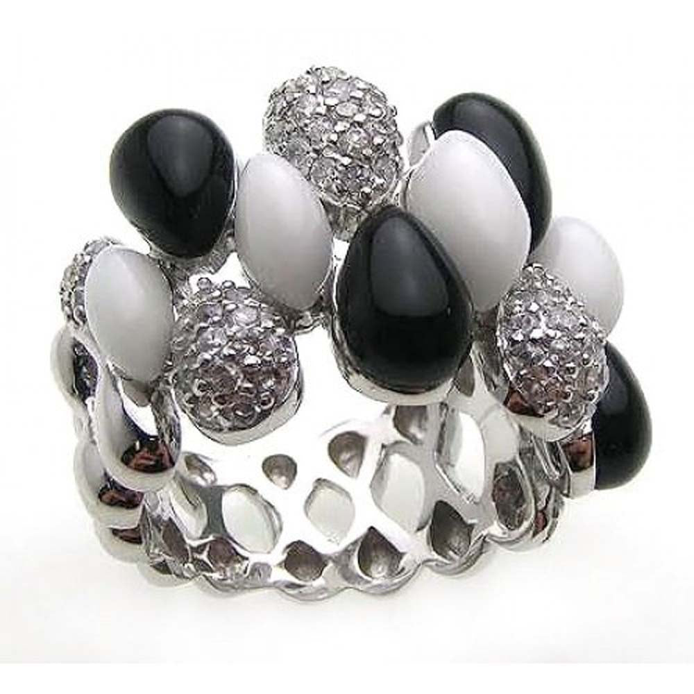 Sterling Silver Fancy Band Ring with Multi Pearshaped Design BlackAnd White Onyx and Paved Clear CzsAnd Ring Dimensions of 20MMx17MM