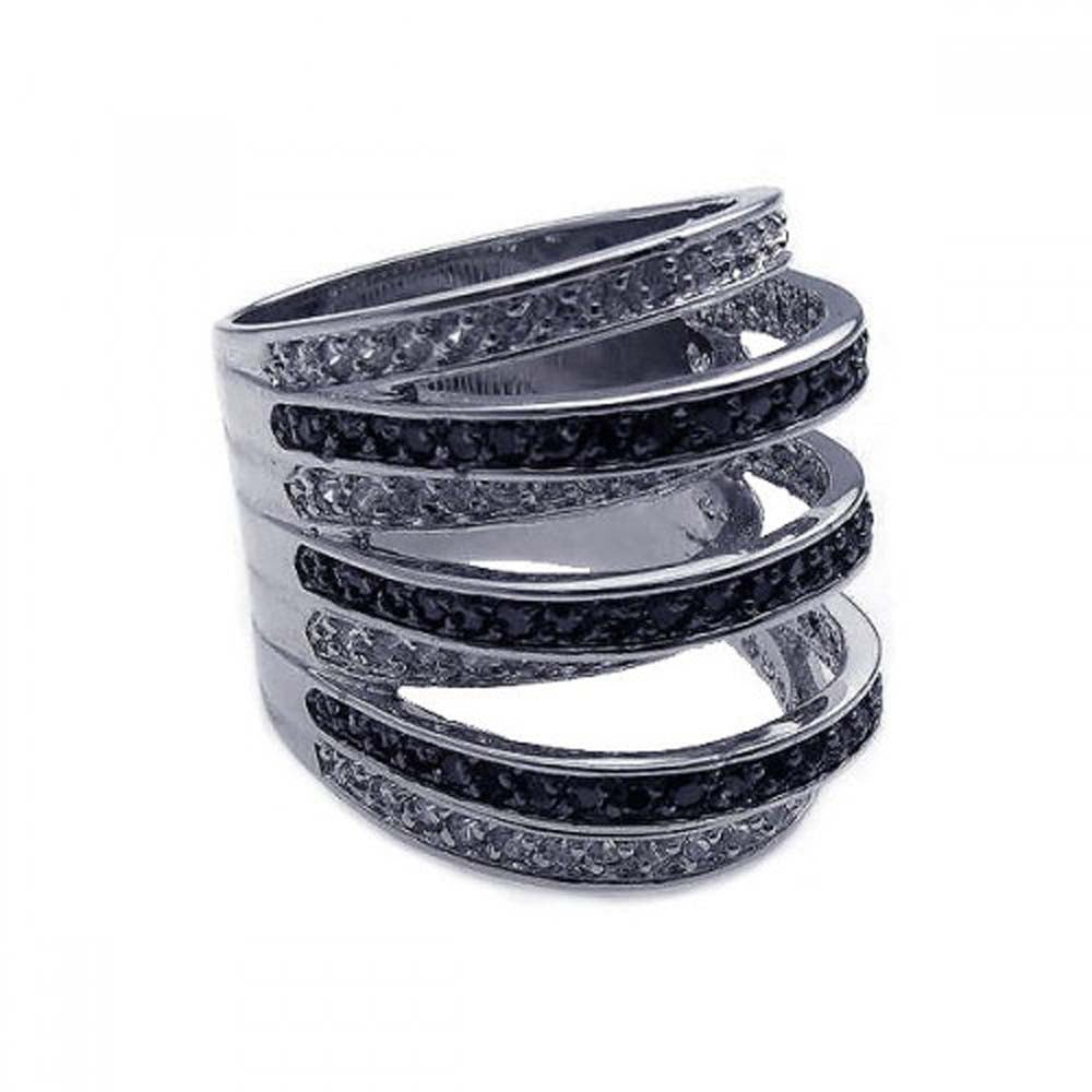 Sterling Silver Two-Toned Fancy Wrap Design Ring Inlaid with Clear and Black Czs