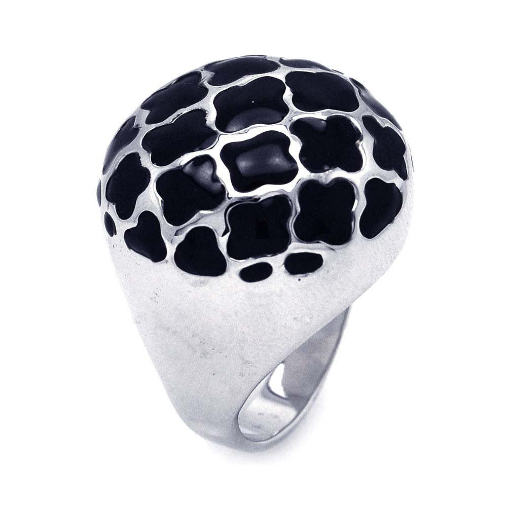 Sterling Silver Multi Black Enamel Flower Design Dome Band Ring