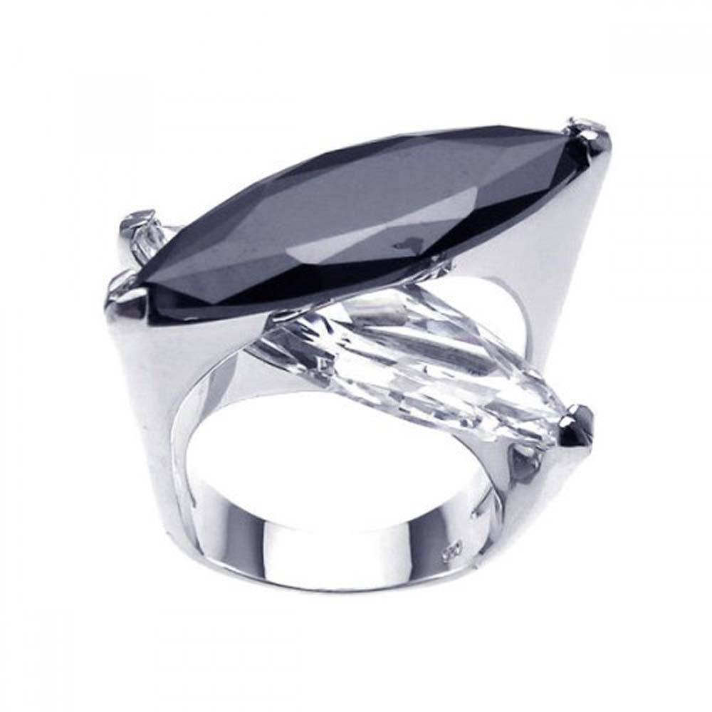 Sterling Silver Crossing Two Marquise Cut Clear and Black Cz Design Fancy Band Ring