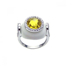 Load image into Gallery viewer, Sterling Silver White Enamel with Centered Yellow Cz with Paved Halo Setting Cannon Ring Design